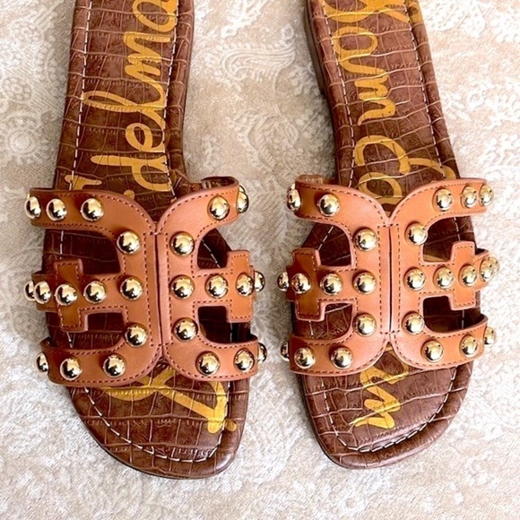 Brand New Sam Edelman Genuine Leather Sandals Cognac w/ Gold Tone Studs - Picture 4 of 14